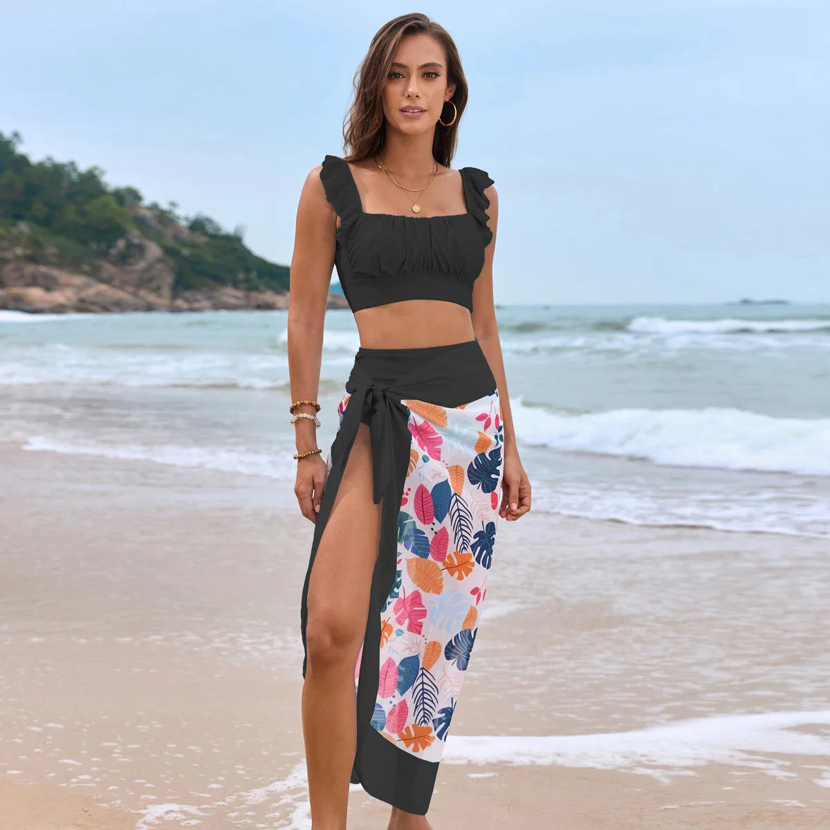 Cikini Swim Mod Elegant Ruched Sleeve Bikini Set Solid Color Summer Beach Swimwear Bathing Suit For Women