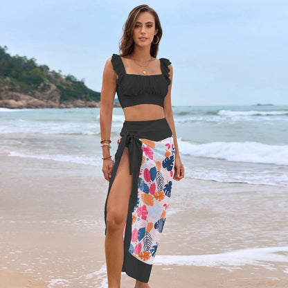 Cikini Swim Mod Elegant Ruched Sleeve Bikini Set Solid Color Summer Beach Swimwear Bathing Suit For Women