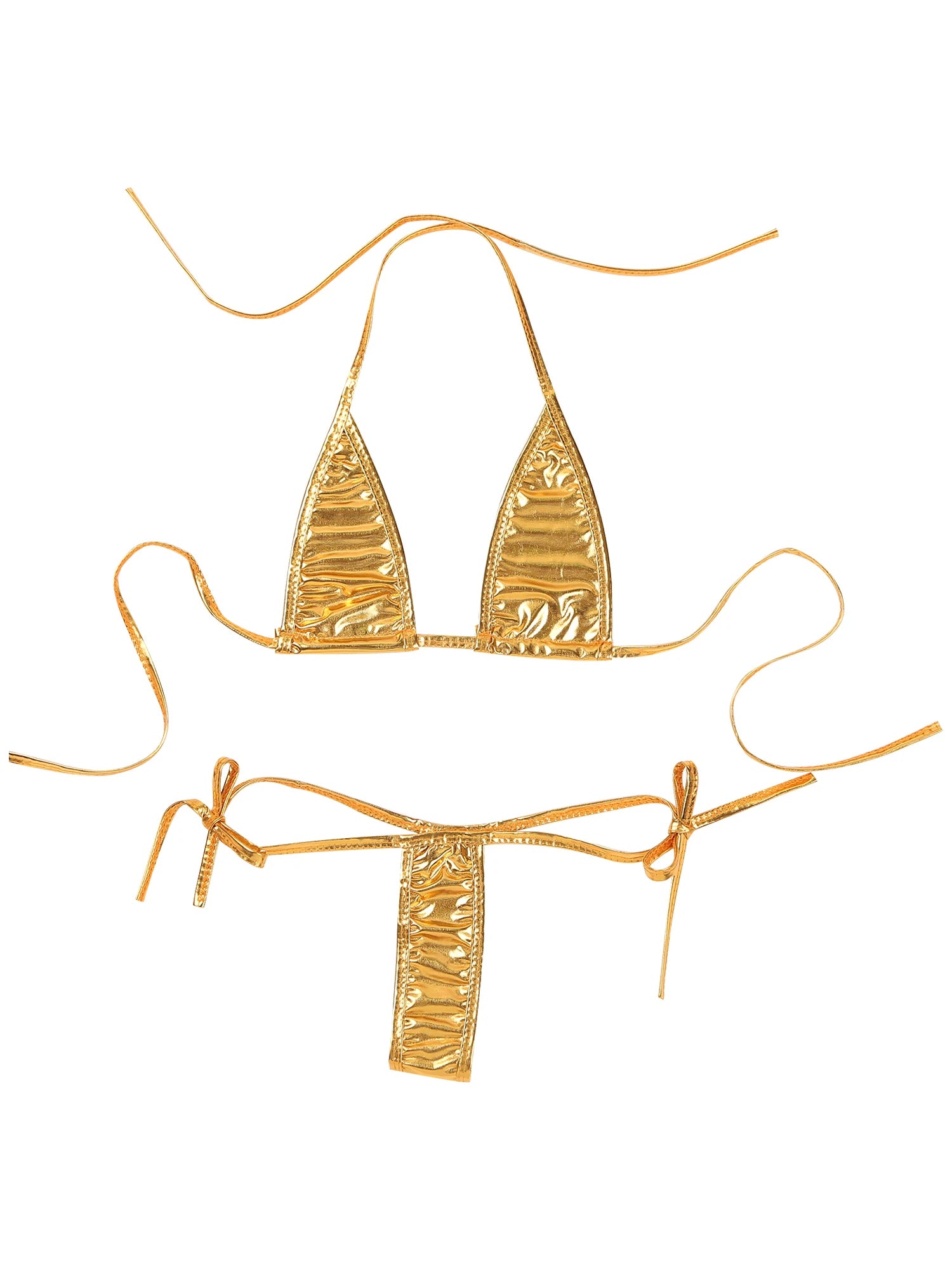 Womens Brazilian Micro Bikini Swimsuit Metallic Shiny Lacing Non-Padded Triangle Cup Bra Top with G-String Swimwear Biquini Set