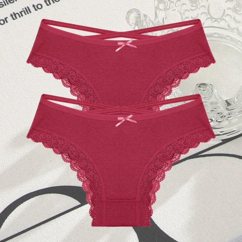 2PCS Cotton Panties for Women Sexy Lace Brazilian Briefs Female Low-Waist Cross Webbing Underpants Stretch Breathable Intimates