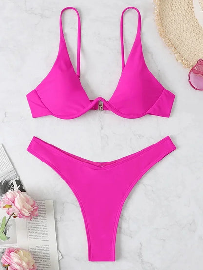 Sexy Neon V-bar Underwired Bikini 2025 Female Ribbed Swimsuit Women Thong Swimwear Two-pieces Bikini set Push up Bathing Suit