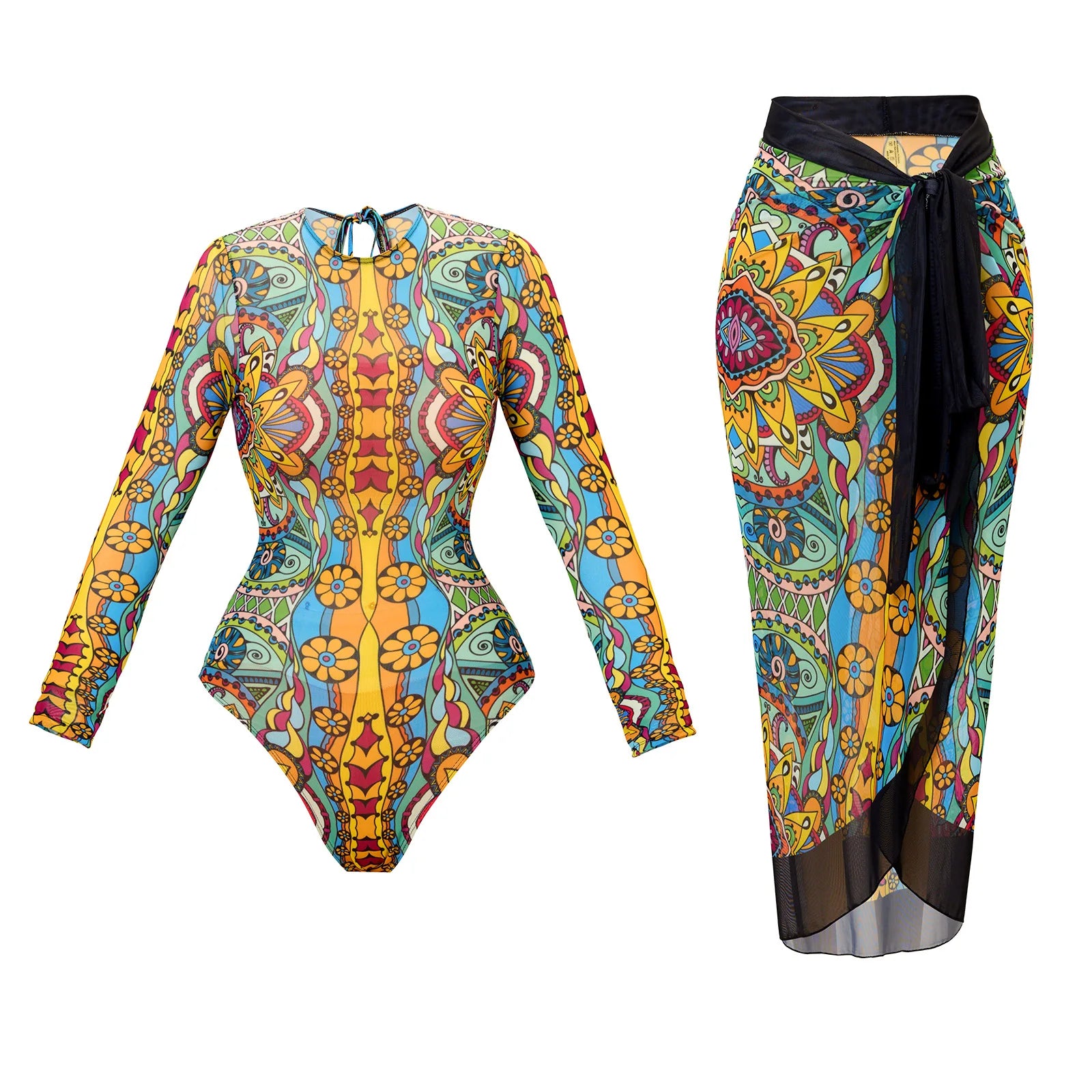 Vintage Mesh Print Swimming Suit for Women Long Sleeve High Waist One Piece Swimsuit 2025 Beach Bathing Suit Купальник