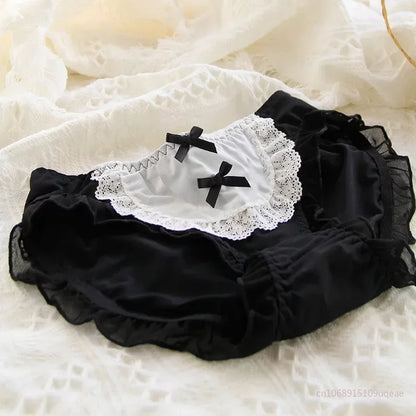 Lolita Lace Underwear Ice Silk Mid Waist Brief Underwear Japanese Cute Sweet Female Underpants Cotton Crotch Intimates Lingerie