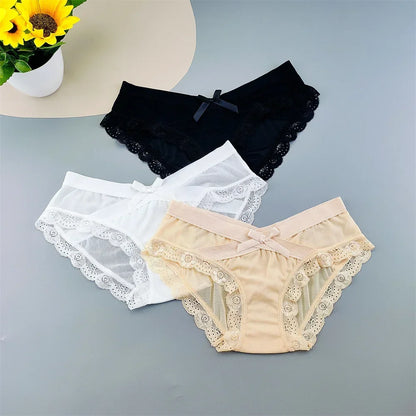3 Pieces Hot Comfortable Mesh Briefs Women Sexy Seamless Lace Trim Underwear Cute Bow Ladies Breathable Briefs Plus Size