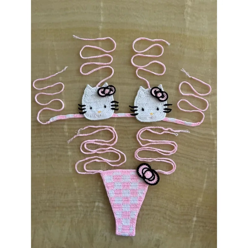 Sanrio Cute Bikini Set Crochet Girls Swimsuit Hello Kitty Sexy Bathing Suit Kwaii Women Swim Suit Bandage Micro Bikinis Swimwear