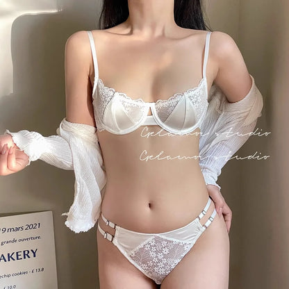 Sexy Hot Bra for Women Half Cup Ultra-thin Lace Large Breasts Show Small Chest Anti-sagging Bra Set Lencerias Sexy Underwear