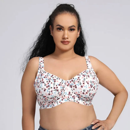 Cotton Plus Size Bra 80-110F Wide Strap Underwire Bra with European Print Ultra Thin Breathable Full Coverage Lingerie for Women