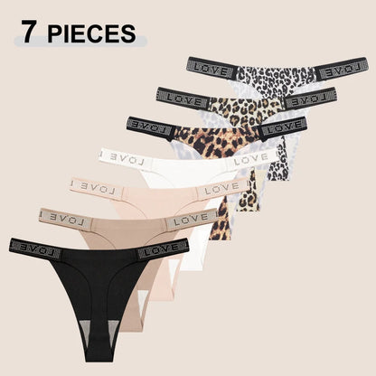 7Pcs/Set Printed Leopard Crystal Letter Thongs For Women Fashion Low Waist Soft Breathable Underpants Female Traceless G-string