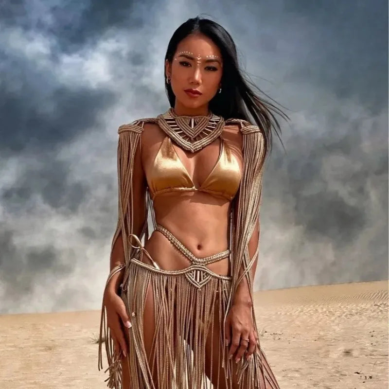 Leosoxs Bikini Cover Ups Hand Crochet Knitted Women 2025 Summer Holiday Tassel Beach Bathing Suit Hollow Out Skirts Matching Set