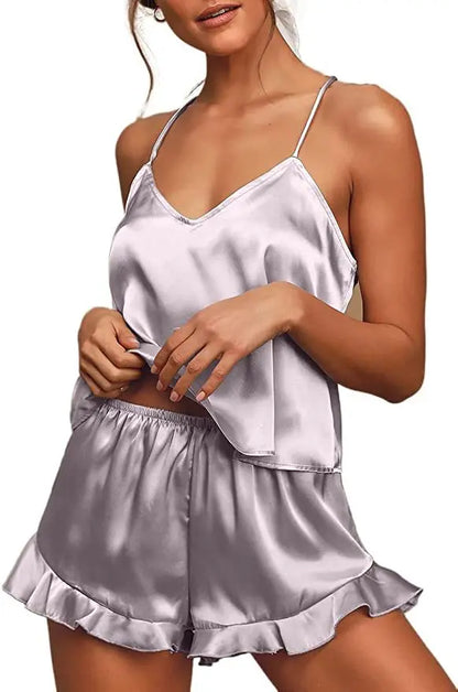 Sexy Silk Satin Pajama Set for Women – V-Neck Cami Top and Ruffled Shorts Bridal Lingerie, Perfect for Nightwear