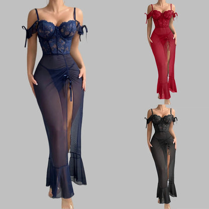 Ladies V Neck Sleepwear Set with Spaghetti Straps Lace Up Front and Sheer Mesh Fabric with Slit Includes Nightdress and Panties