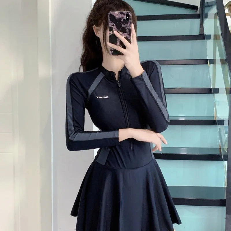 Athletic Long Sleeve One Piece Swimsuit Dress with Zipper Front Color Block Panel Tummy Control Swimwear for Beach Pool Training