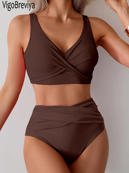 VigoBreviya 2025 Sexy Solid Strapped Swimwear Women Cross Push Up Bikini Set Brazilian Lady Swimsuit High Waist Beach Bath Suit