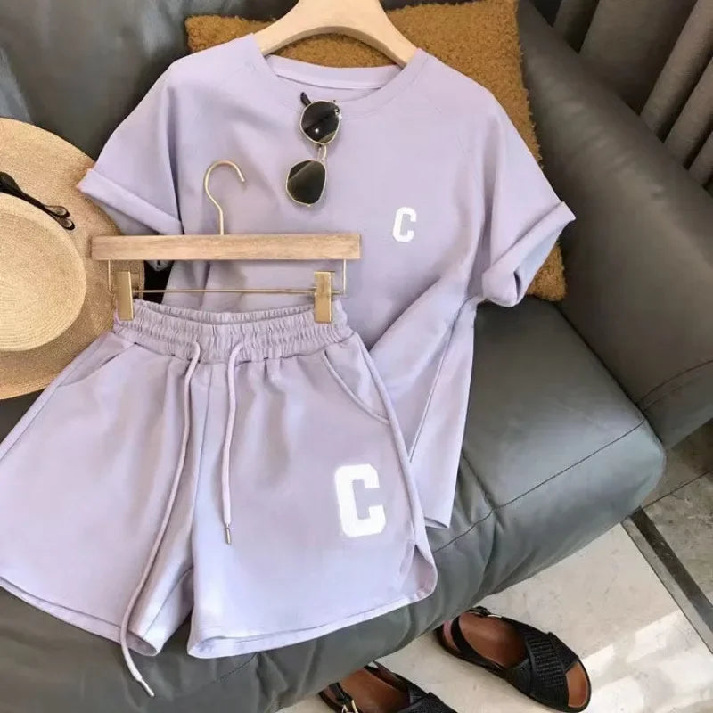 2 Piece Set Women Summer Sleepwear Loose Short Sleeve T-Shirt Casual Shorts Sports Print Letter Suit Large Size Short Pajamas
