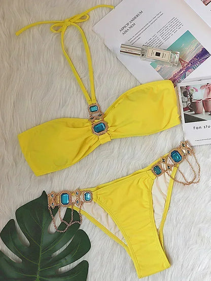2025 Shiny Rhinestone Diamond Bikini Women Swimsuit Female Swimwear Two Pieces Bikini Set Halter Metal Chains Bathing Suit Swim