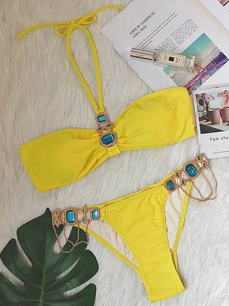 2025 Shiny Rhinestone Diamond Bikini Women Swimsuit Female Swimwear Two Pieces Bikini Set Halter Metal Chains Bathing Suit Swim