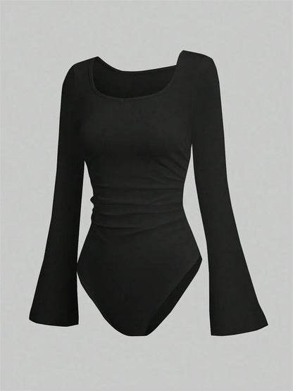 Women's Solid Color Ruffle Hem Flare Long Sleeve Bodysuit Autumn Winter 2024 Round Neck Plain Ruched Slim Fit Romper Top