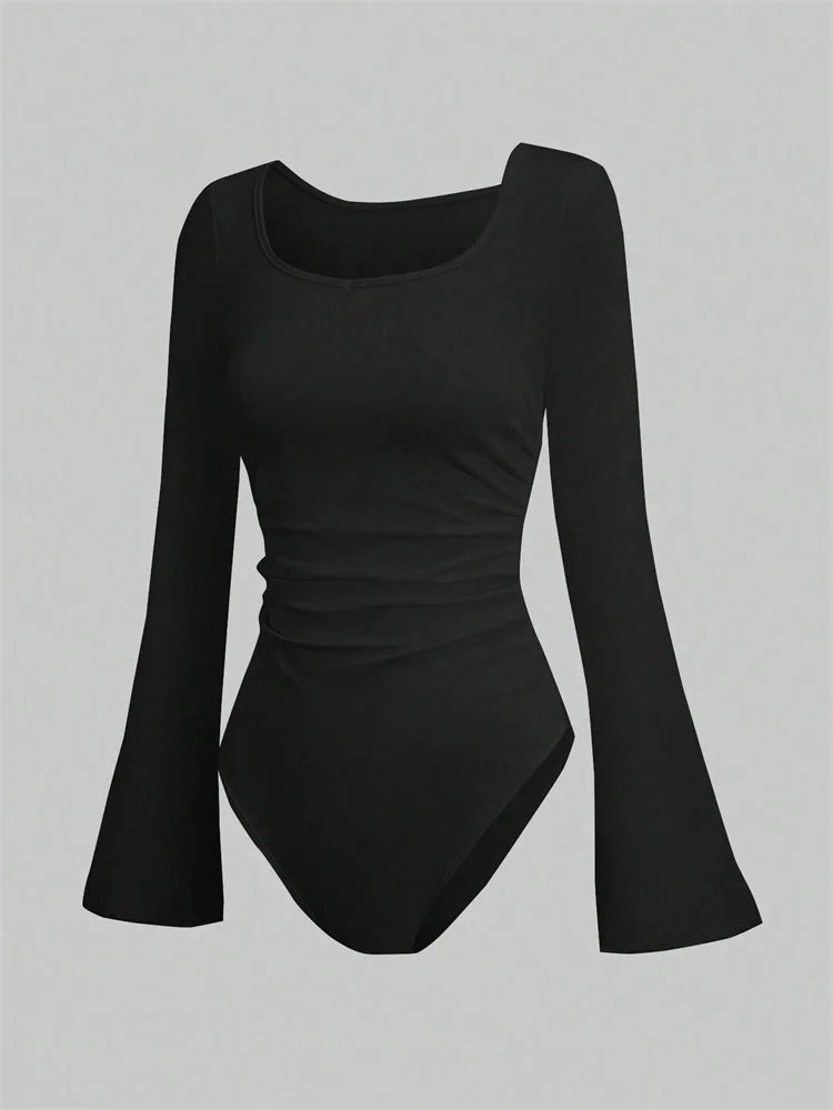 Women's Solid Color Ruffle Hem Flare Long Sleeve Bodysuit Autumn Winter 2024 Round Neck Plain Ruched Slim Fit Romper Top