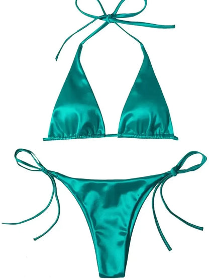 Sexy Women's Metallic Halter Top Two Piece Swimsuit Tie Side Triangle Bikini Summer Solid Bathing Suit Beachwear Bikini Set