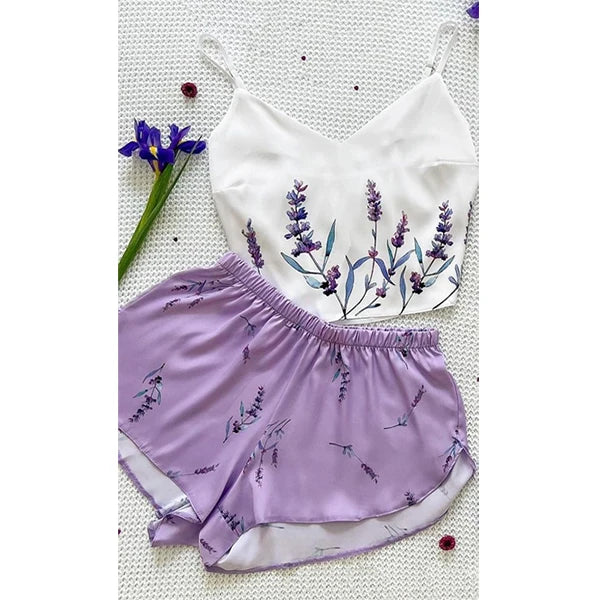 New Satin Silk Pajamas Set for Women Flower Print Sleepwear Sexy V-neck Sleeveless Top Nightwear Pijamas Home Clothes Loungewear