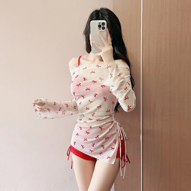 sexy Korean fashion conservative bow bikinis sets three pieces drawstring shorts with perspective mesh cover smock swimsuit