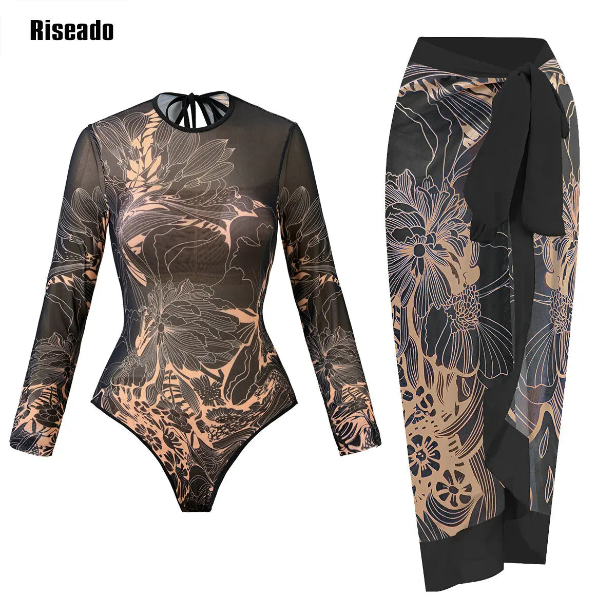 2025 New Trend Mesh Swimwear Women's Sheer Sexy High Waist Surfing One Piece Suit with Pants & Skirt Swimdress Smart Woman