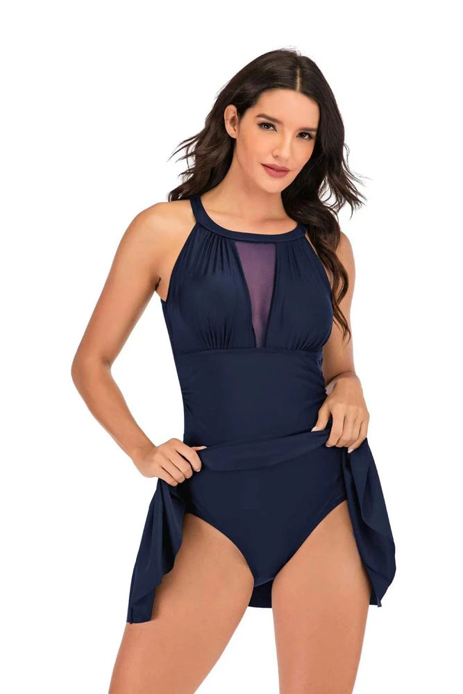 Women Swimdress With Shorts Sexy Hollow Out Mesh Swimwear 1 Piece Slim Black/Red/Dark Blue Solid Swimsuit Light luxury Beachwear