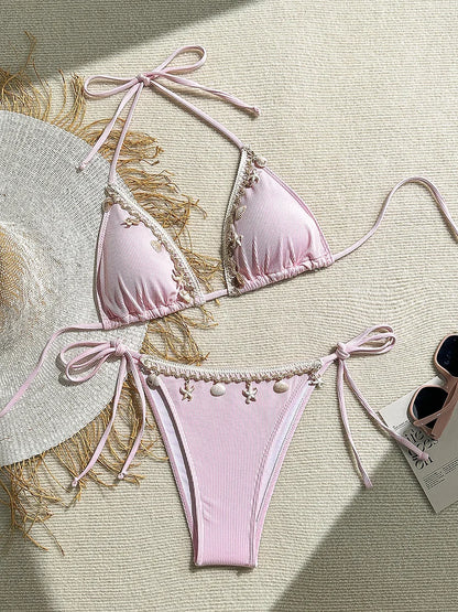 Shell Decoration Ribbed Bikini Women Swimwear Female Swimsuit Two-pieces Bikini Set Halter Strappy Bather Bathing Suit Swim Lady