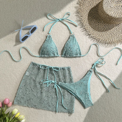 2025 New Halter Strappy Hollow Out Skirt Bikini Female Swimsuit Women Swimwear 3 pieces Bikini set Bather Bathing Suit S