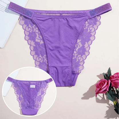 3PCS Sexy Women's Underwear Semi-transparent Hollow Out Lace Floral Panties Two Shiny Belts Underpants Female Briefs Lingerie