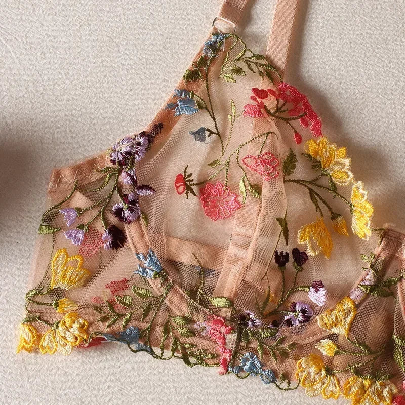 2025 Floral Embroidery Lingerie Set Women Sheer 2-Piece Boho Bra + Panty Underwear Set Intimates