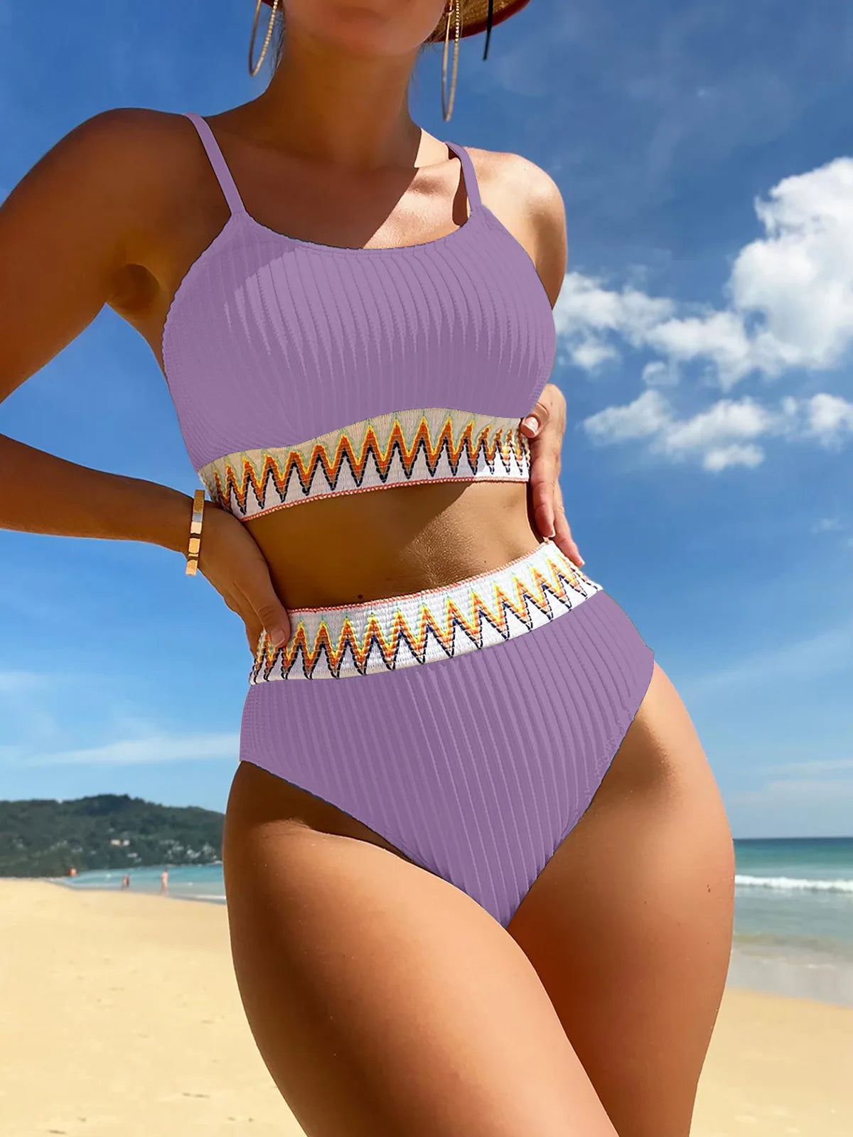 Women High Waisted Bikini Sets Color Block Swimsuits 2 Piece Bathing Suits Tummy Control Sporty Teens