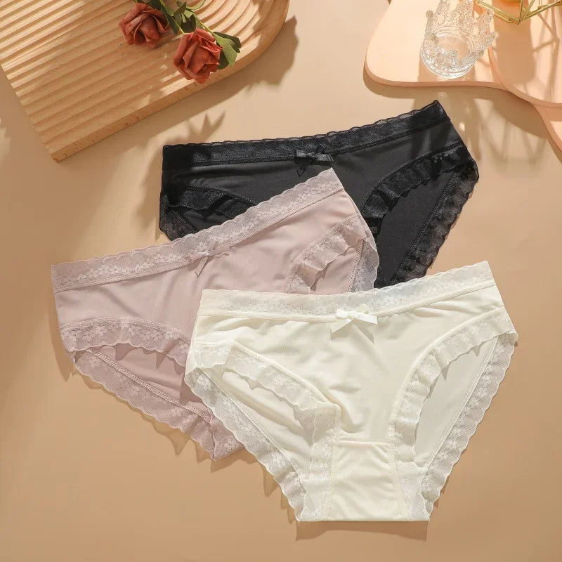 3Pcs/Set Women Ice Silk Sexy Lace Seamless Briefs Comfortable Stretchy Semi Sheer French-Cut Panties Women Underwear Breathable