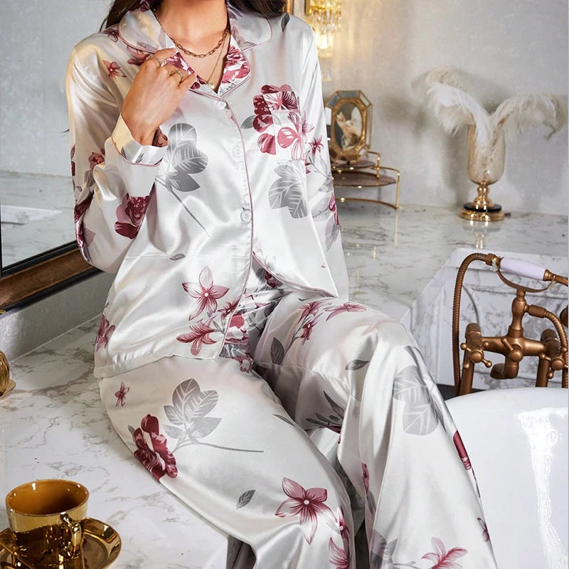 Women's Color-Blocked Floral Print Pajama Set Satin Long Sleeve And Pant For Comfortable Sleep Soft Loungewear And Sleepwear Pjs