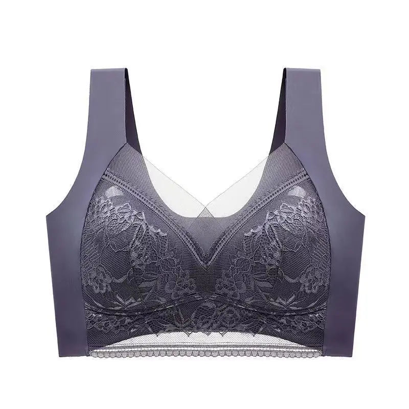 Womens Lace Bra Perspective Bralette Push Up Ice Silk Deep V Bra Sexy Lingerie Tops Plus Size Cup Mom's underwear L-5XL