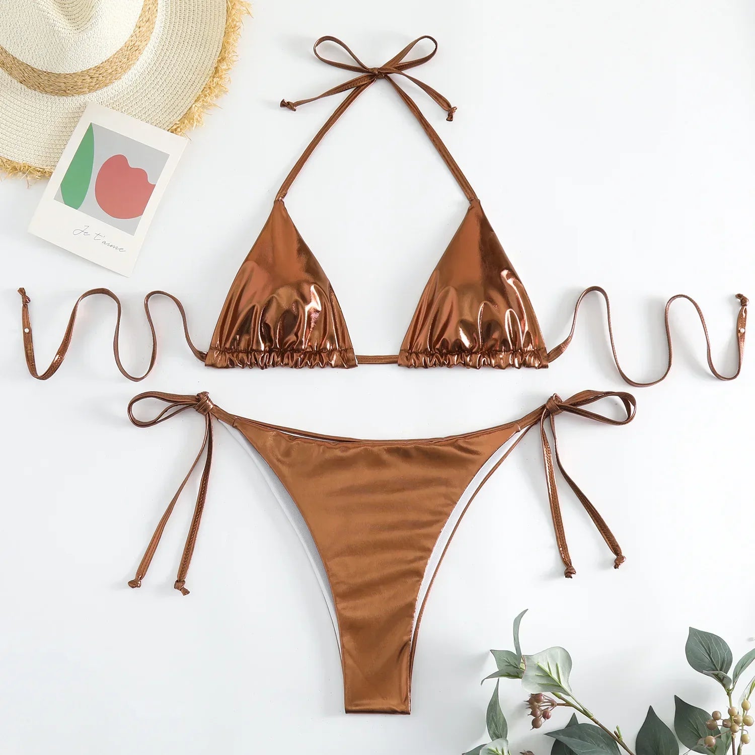 Sexy Metallic Halter Bikinis Sets Lace Up Triangle Tie Side Bikini 2026 Swimsuit Women Swimwear Brazilian Female Bathing Suits