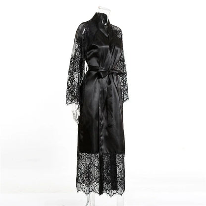Sleepwear Women's Bathrobe Sexy Lingerie Lace Satin Kimono Sleep Long Dress Robes Pajamas Nightgown