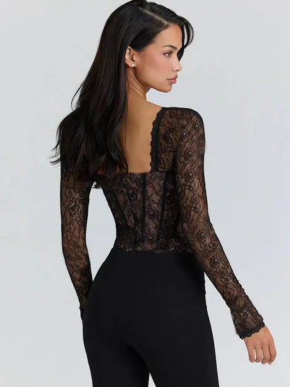 JULISSA MO Sexy Square Collar Sheer Lace Zipper Women Bodysuit Long Sleeve Print Floral Lady Winter Bodycon Elegant Playsuit New