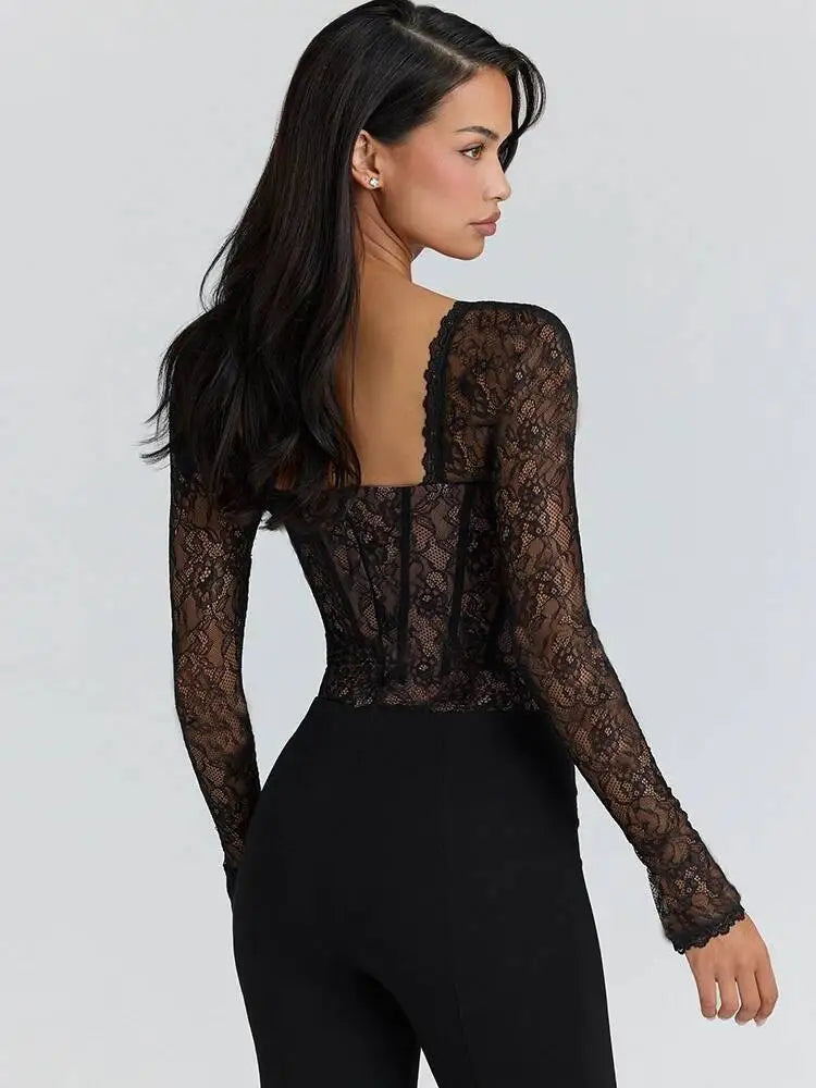 JULISSA MO Sexy Square Collar Sheer Lace Zipper Women Bodysuit Long Sleeve Print Floral Lady Winter Bodycon Elegant Playsuit New