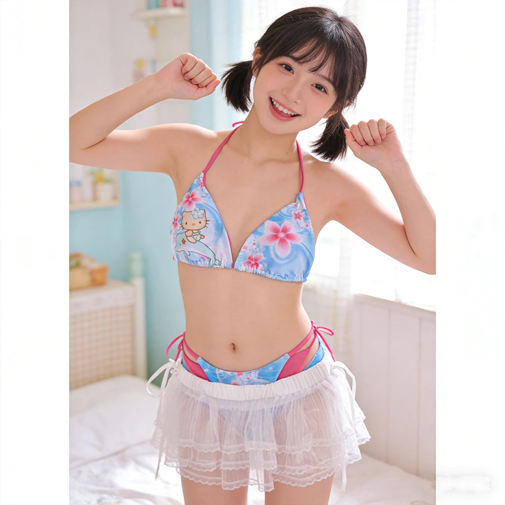 Kawaii Japanese Kitty Hot Girl Split Strap Summer Bikini Girls Seaside Fashion Resort Swimsuit Leopard Print Cartoon Hello Kitty