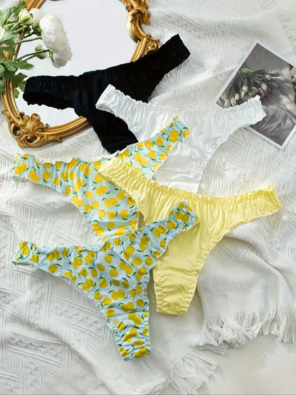 5-piece mixed fruit pattern pure cotton ruffled women's thong, wrinkled comfortable women's underwear