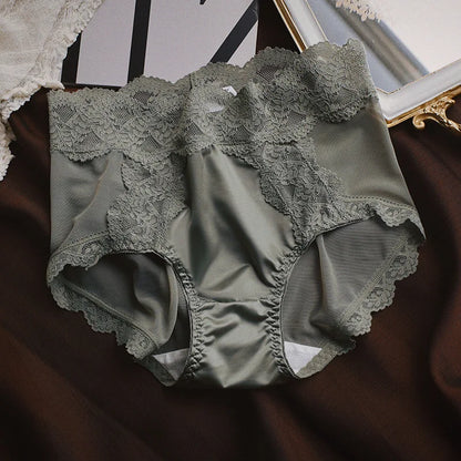 Women Luxury Lace Exquisite Sexy Mesh Transparent Satin Panties Elasticity Breathable Middle Waist Underwear Embroidery Breifs