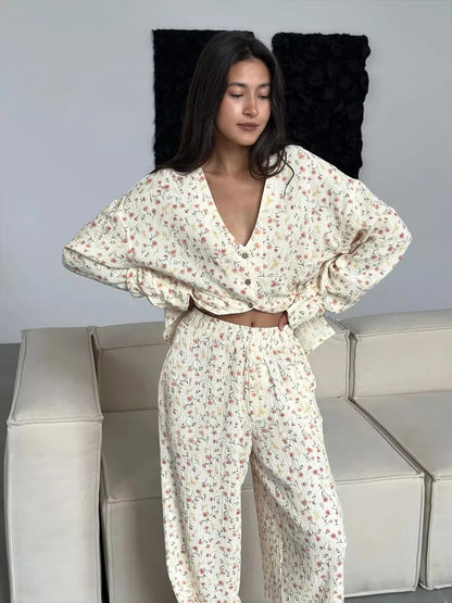 Muzuleva 100% Cotton Printed Cardigan Pajama Set Women's New Autumn Long Sleeved Pants Pajamas Loose Home Clothing 2-piece Set