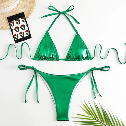 Sexy Metallic Halter Bikinis Sets Lace Up Triangle Tie Side Bikini 2026 Swimsuit Women Swimwear Brazilian Female Bathing Suits