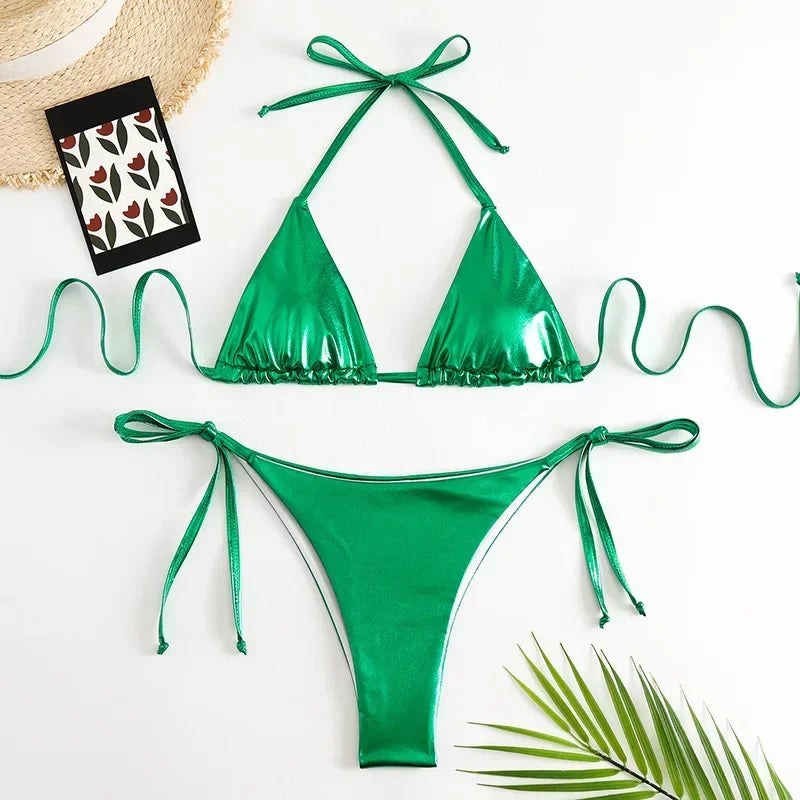 Sexy Metallic Halter Bikinis Sets Lace Up Triangle Tie Side Bikini 2026 Swimsuit Women Swimwear Brazilian Female Bathing Suits