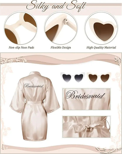 7 Pcs Bride Bridesmaid Robe Sets for Wedding Bridal Party Satin Robes Maid of Honor Robe with Heart Shaped Sunglasses