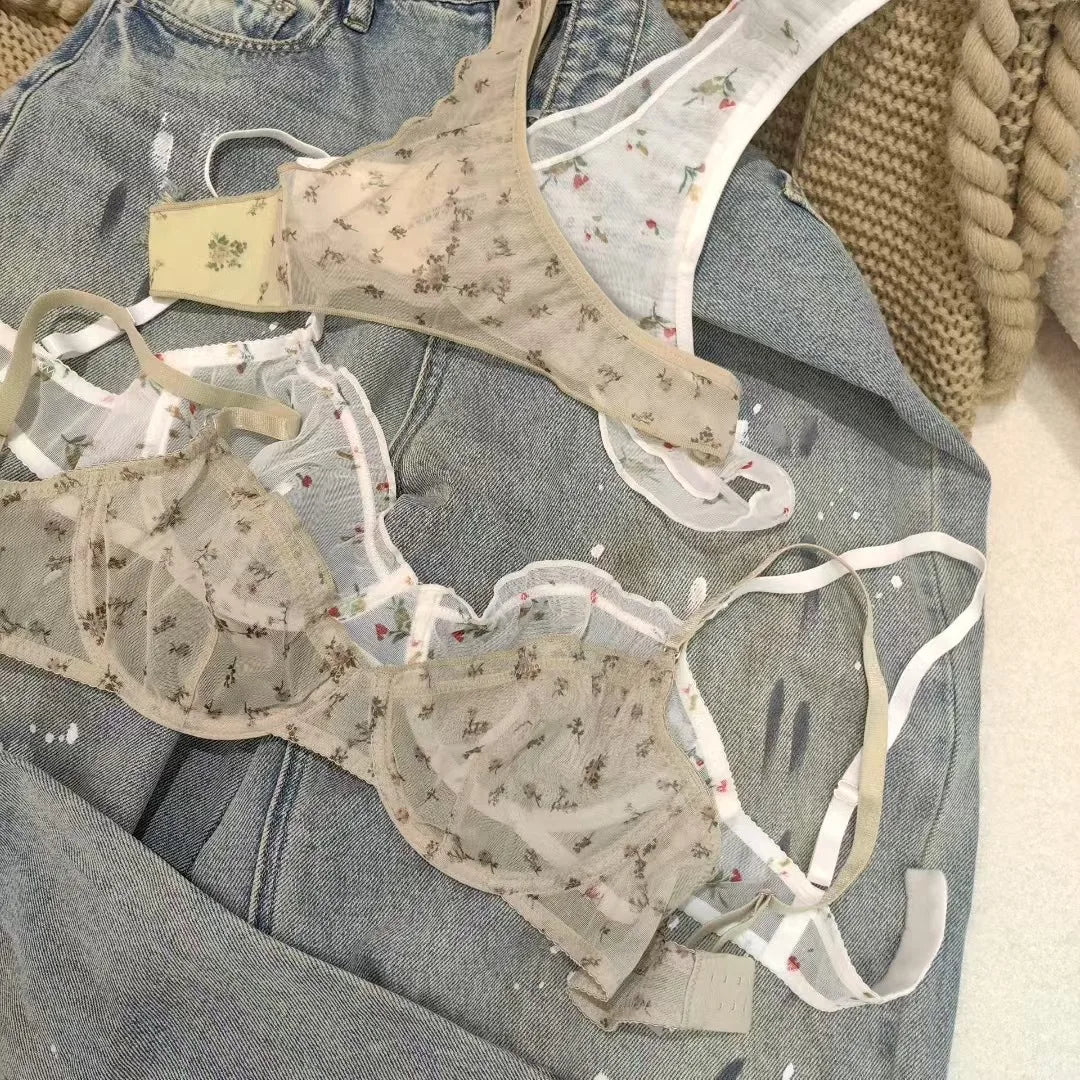Fashion Floral Prints Women Lingerie Set Fashion Sexy Lace Bra French Ultra Thin Breathable Intimates Bralette Soft Underwear