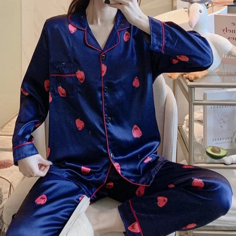 2025 Satin Silk Pajamas Set Women Cartoon Printed Full Sleeve Sleepwear Pijamas Suit Homewear 2 Pieces Loungewear Pjs Plus Size