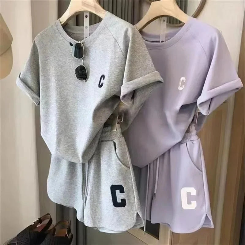 2 Piece Set Women Summer Sleepwear Loose Short Sleeve T-Shirt Casual Shorts Sports Print Letter Suit Large Size Short Pajamas