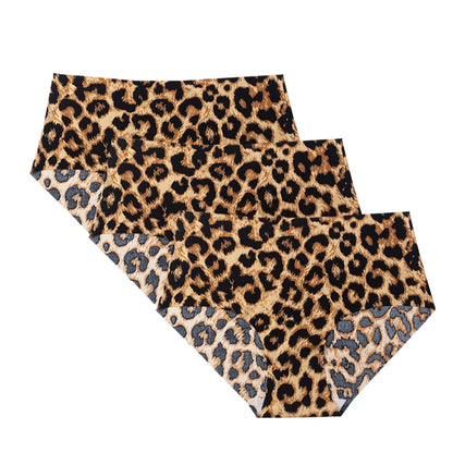 3pcs Women's Seamless Ice Silk Panties Female Mid Waist Plus Size Leopard Print Underwear Girls Fashion Brief Lady Comfort Panty